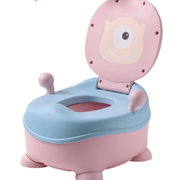 Olita pentru Copii, Flippy, +6 luni, Compartiment Detasabil, cu Capac, Antiderapanta, din Plastic, Colac Moale, Model Animat Ciclop, cu Maner, 33 x 21 x 45 cm, Albastru/Roz