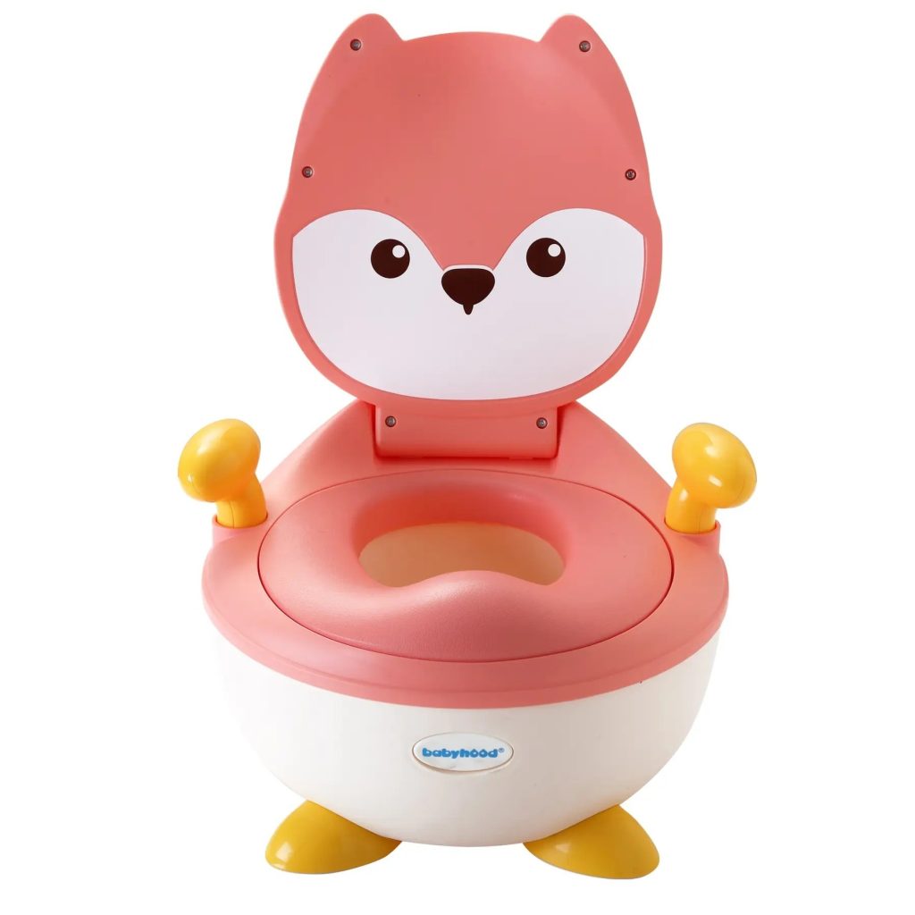 Olita pentru Copii, Flippy, +6 luni, Compartiment Detasabil, cu Capac, Antiderapanta, din Plastic, Colac Moale, Model Animat Vulpe, cu Maner, 34.5 x 35 x 23 cm, Roz/Alb