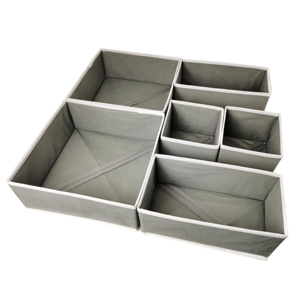 Organizator pentru Sertar, Flippy, 3 Marimi, pentru Lenjerie, Tricouri, Sosete, 6 Piese, Pliabil, Stivuibil, din Tesatura, Gri/Alb
