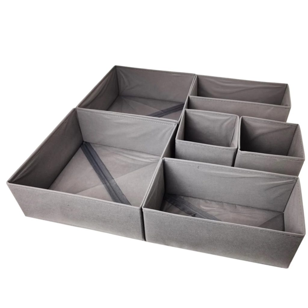 Organizator pentru Sertar, Flippy, 3 Marimi, pentru Lenjerie, Tricouri, Sosete, 6 Piese, Pliabil, Stivuibil, din Tesatura, Gri