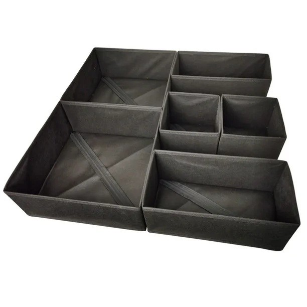 Organizator pentru Sertar, Flippy, 3 Marimi, pentru Lenjerie, Tricouri, Sosete, 6 Piese, Pliabil, Stivuibil, din Tesatura, Negru