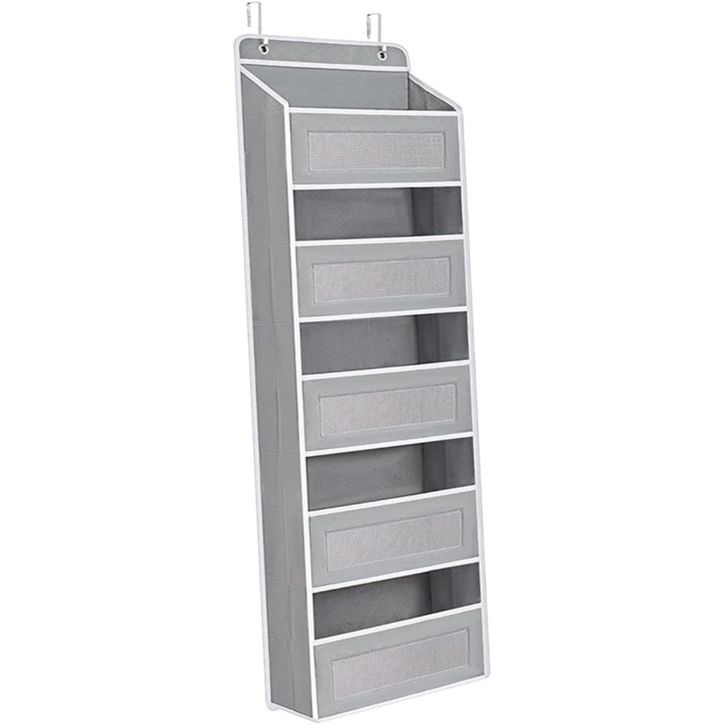 Organizator Suspendat pentru Usi, Flippy, din Nailon si Plasa, Baza de Carton Ingrosat, 5 Buzunare Principale + 5 Buzunare Laterale, 146 x 40 x 17 cm, 2 Carlige Incluse, Gri