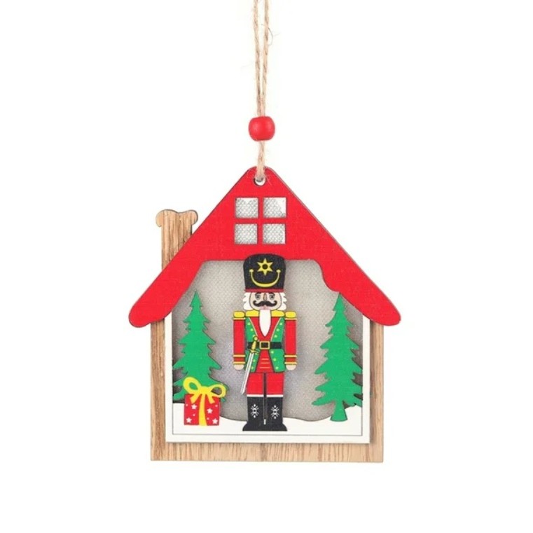 Ornament de Brad, Flippy, cu Lumini LED, din Lemn, Figurina Spargatorul de Nuci, Model Casuta, Multicolor