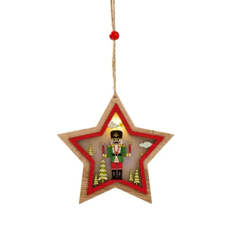 Ornament de Brad, Flippy, cu Lumini LED, din Lemn, Figurina Spargatorul de Nuci, Model Stea, Multicolor