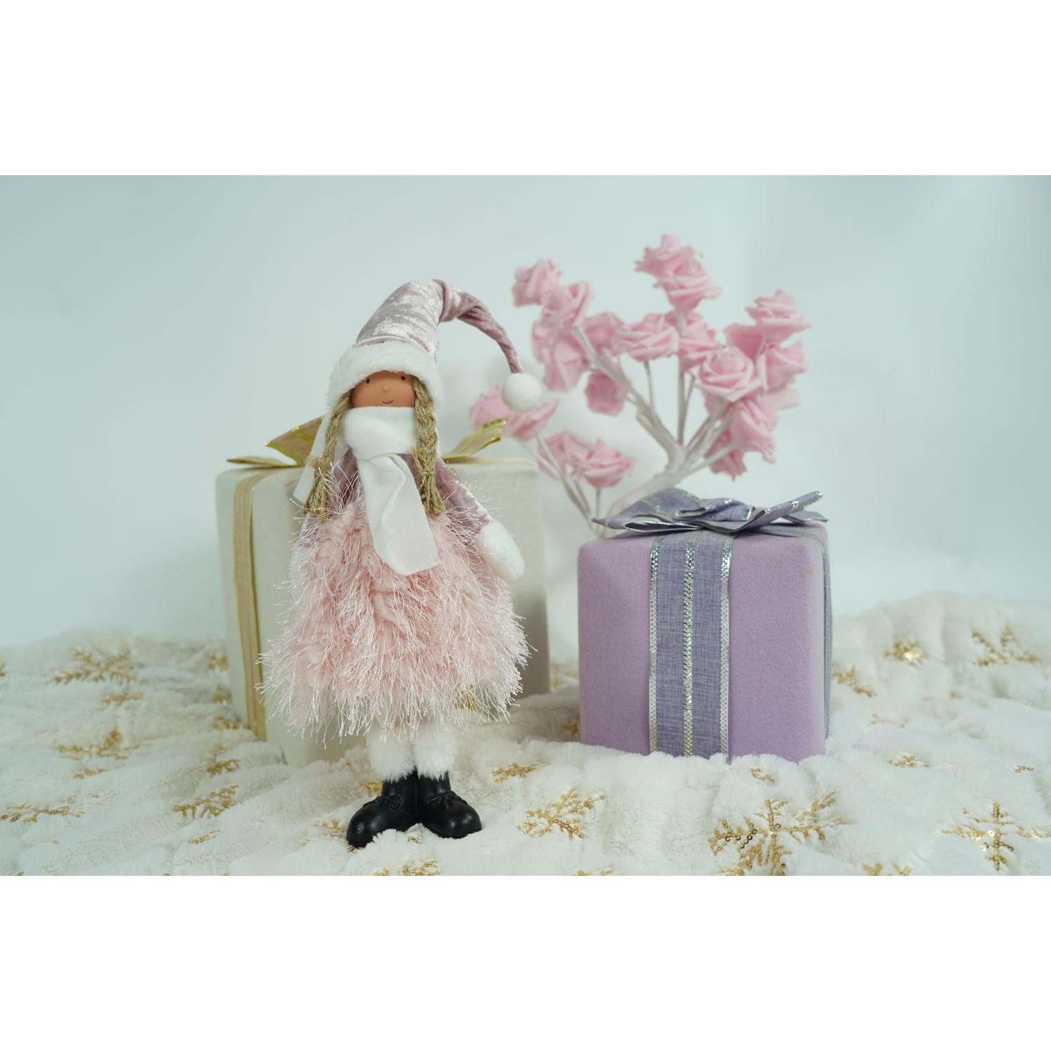 Ornament de Craciun papusa, Flippy, roz/alb, textil, 44 cm - Image 5