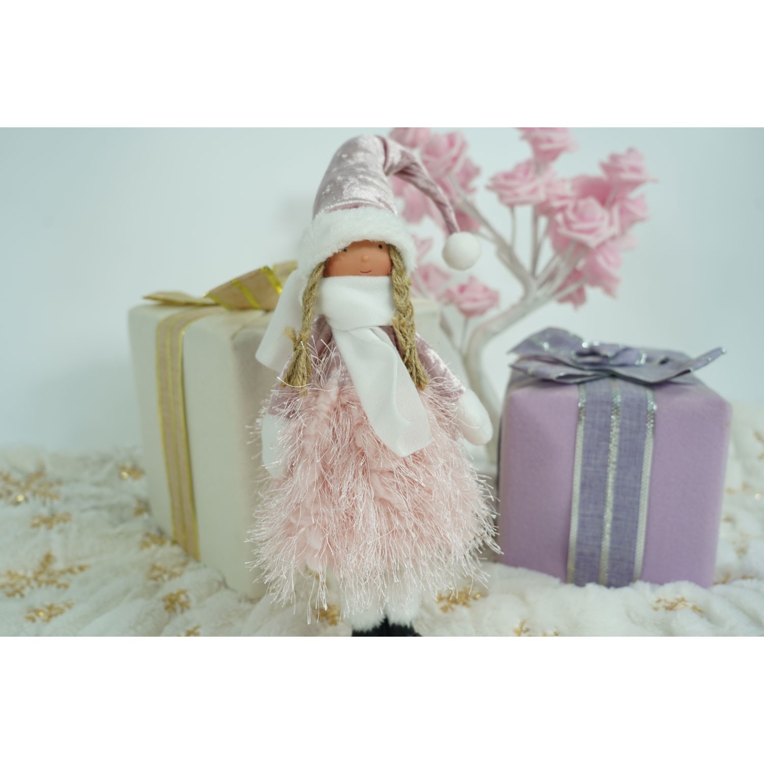 Ornament de Craciun papusa, Flippy, roz/alb, textil, 44 cm - Image 9