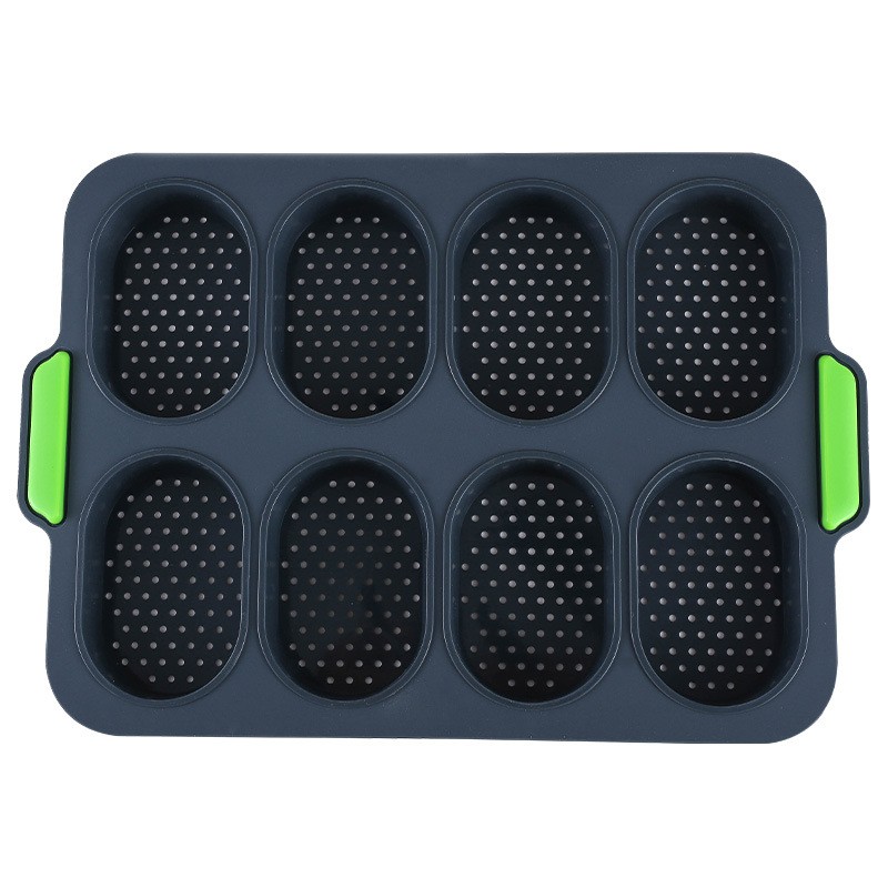 Forme de Silicon pentru Copt, Flippy, 8 Forme Ovale, pentru Paine si Prajituri, 34.5 x 23.8 x 2.5 cm, Negru/Verde