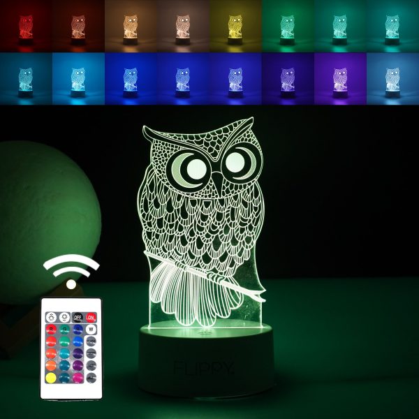 Lampa LED decorativa, Flippy, 3D, Bufnita, cu USB si baterii, 20 cm inaltime, din material acril, lumina multicolora si telecomanda inclusa, alb