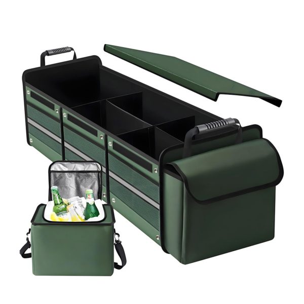 Organizator Auto pentru Portbagaj, Flippy, Model Pliabil, din Panza, cu Geanta Termoizolanta Detasabila, 3 Compartimente, Curele Ajustabile, 90 x 35 x 30 cm, Verde