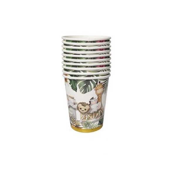 Pahare Cartonate pentru Petreceri, Flippy, Set 10 Pahare Cartonate pentru Zile de Nastere, Model Safari cu animale, 230 ml, 8.6 x 7.5 cm, Multicolor