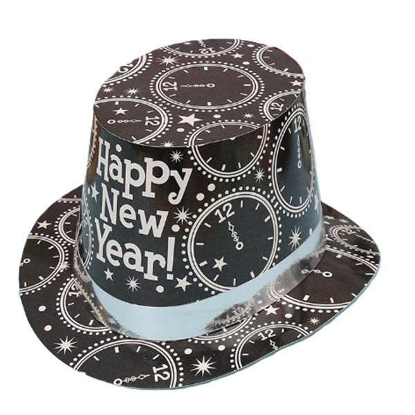 Palarie Tip Lincoln, Flippy, Model Happy New Year cu Ceasuri, Accesoriu Petrecere de Anul Nou, Marime Universala, din Carton, Negru/Argintiu