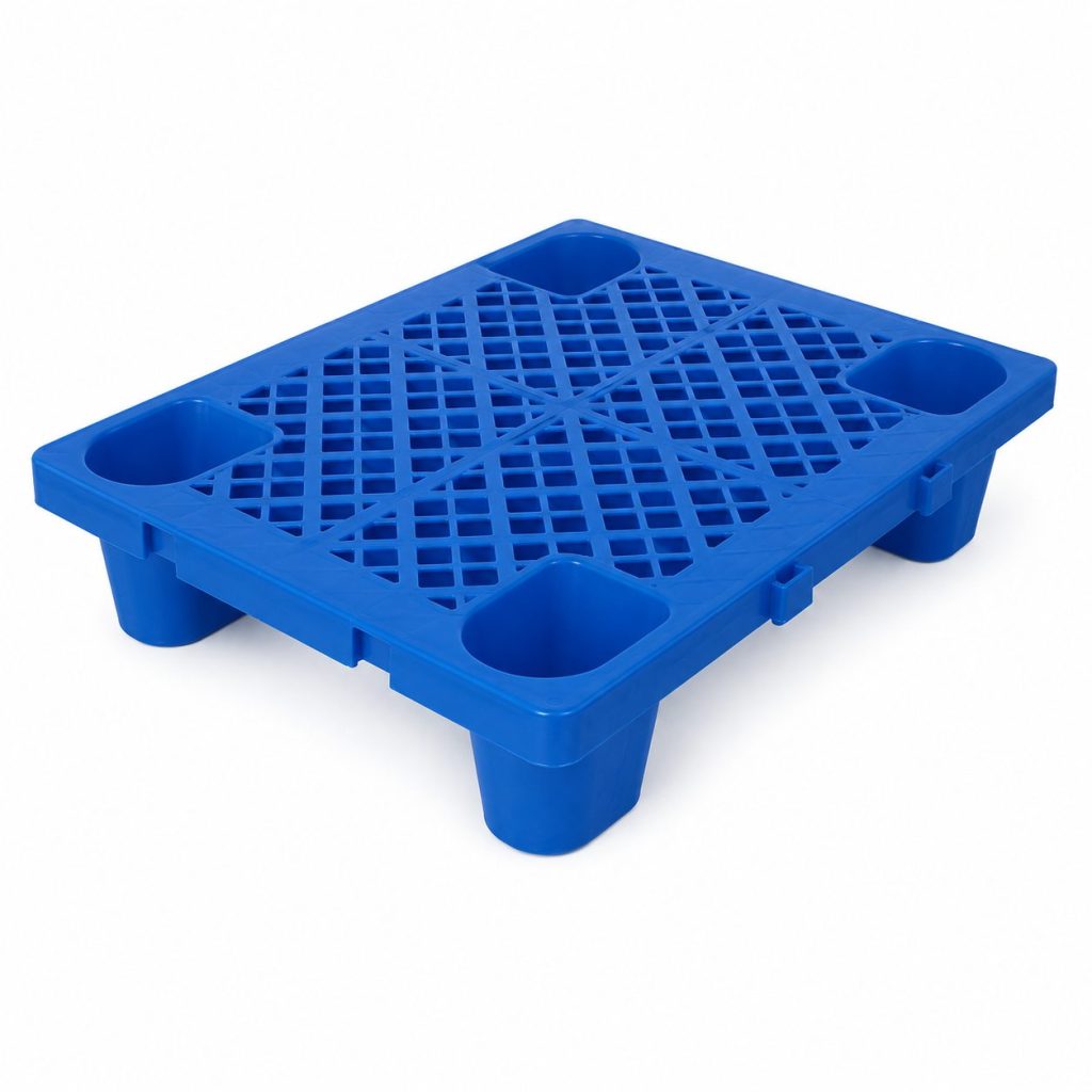 Palet de Transport, Flippy, 60 x 40 x 12 cm, 4 Picioare, din Plastic durabil, Palet pentru Stivuitor in Depozit, Rezistent la Umiditate, Grila Ingrosata, Albastru