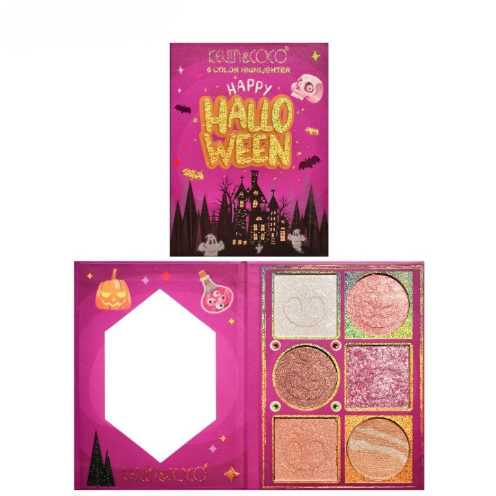 Paleta Highlighter Profesionala, Kevin&Coco Happy Halloween, 6 Nuante Sidefate si Stralucitoare Calde, Efect Luminos si Aspect Radios al Tenului, Cu Oglinda Integrata, Dreptunghiulara, 160g, Valabilitate 24 Luni, 17.4x11.5x1.3 cm, Varianta A, Nude-Rose