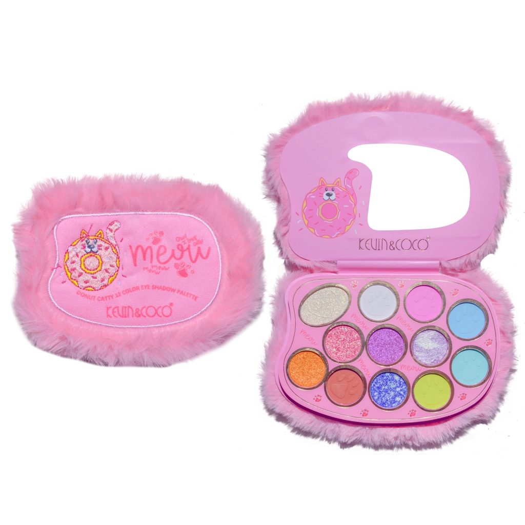 Paletă de Machiaj Kevin&Coco Pink Fuzzy, 12 Culori, Farduri de Pleoape Mate și Sidefate, Design Pufos, Pigmentare Intensă, Oglindă Integrată, 15 x 10.5 x 3 cm, Roz