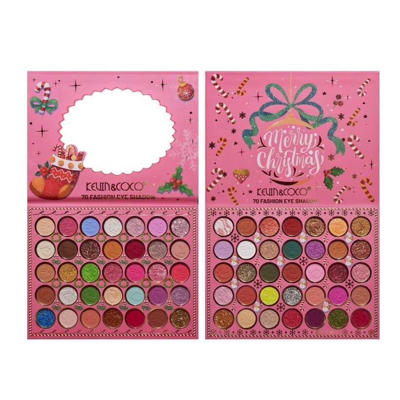 Trusa de Machiaj Profesionala Kevin&Coco Snowy Christmas, 70 Culori, Paleta All-in-One pentru Ochi si Fata, Farduri Mate, Sidefate si Glitter, Design Festiv de Craciun, Pigmentare Intensa, 22.5 x 17 x 2 cm, Roz