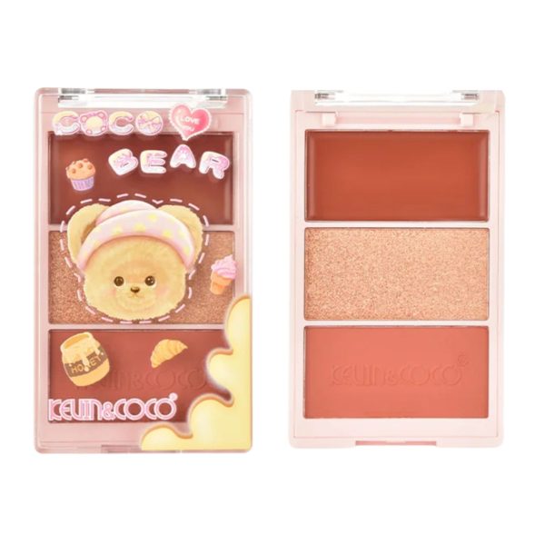 Paleta Fard de Obraz, Kevin&Coco, 3 Culori, Blush, Iluminator, Contur, Textură Fină, Efect Natural, pentru Toate Tipurile de Ten, Model 2, Dimensiune 6.7 x 1.5 x 11 cm, Cantitate 71.7 g,Bronz