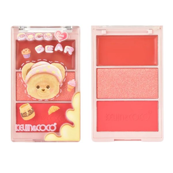 Paleta Fard de Obraz, Kevin&Coco, 3 Nuante, Blush, Iluminator, Textură Fină, Efect Natural, Finish Mat si Sidefat, pentru Toate Tipurile de Ten, Model 1, Dimensiune 6.7 x 1.5 x 11 cm, Cantitate 71.7 g, Coral