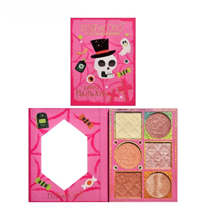 Paleta Highlighter Profesionala, Kevin&Coco Happy Halloween, 6 Nuante Sidefate si Stralucitoare Reci, Efect Luminos si Aspect Radios al Tenului, Cu Oglinda Integrata, Dreptunghiulara, 160g, Valabilitate 24 Luni, 17.4x11.5x1.3 cm, Varianta B, Nude-Rose