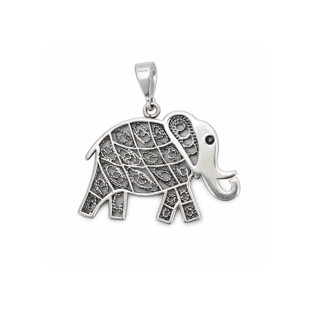 Pandantiv din Argint 925, Jolie Silver, Model Elefant, Design Filigranat cu Trompa Ridicată, Finisaj Oxidat, Argintiu și Negru
