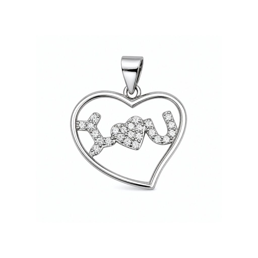 Pandantiv din Argint 925, Model Inima cu Text I Love You, Decor cu Pietre Stralucitoare, Greutate 1.8 g, Argintiu