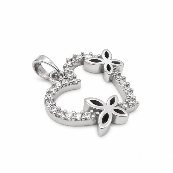 Pandantiv din Argint 925, Model Inima cu Fluturi, Bijuterie Decorativa cu Design Romantic, Greutate 1.7 g, Argintiu
