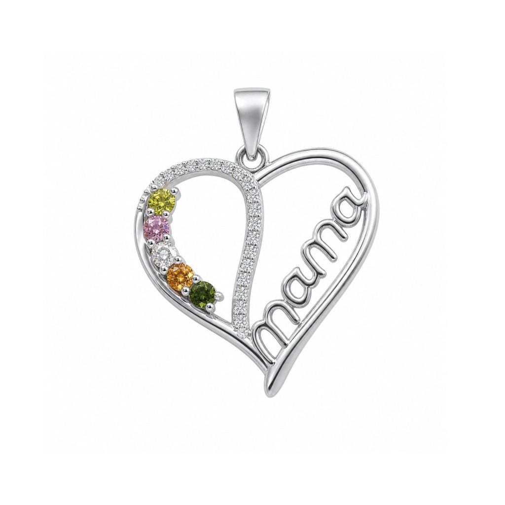 Pandantiv din Argint 925, Model Inima cu Text Mama, Decor cu Pietre Multicolore si Contur cu Pietre Stralucitoare, Argintiu