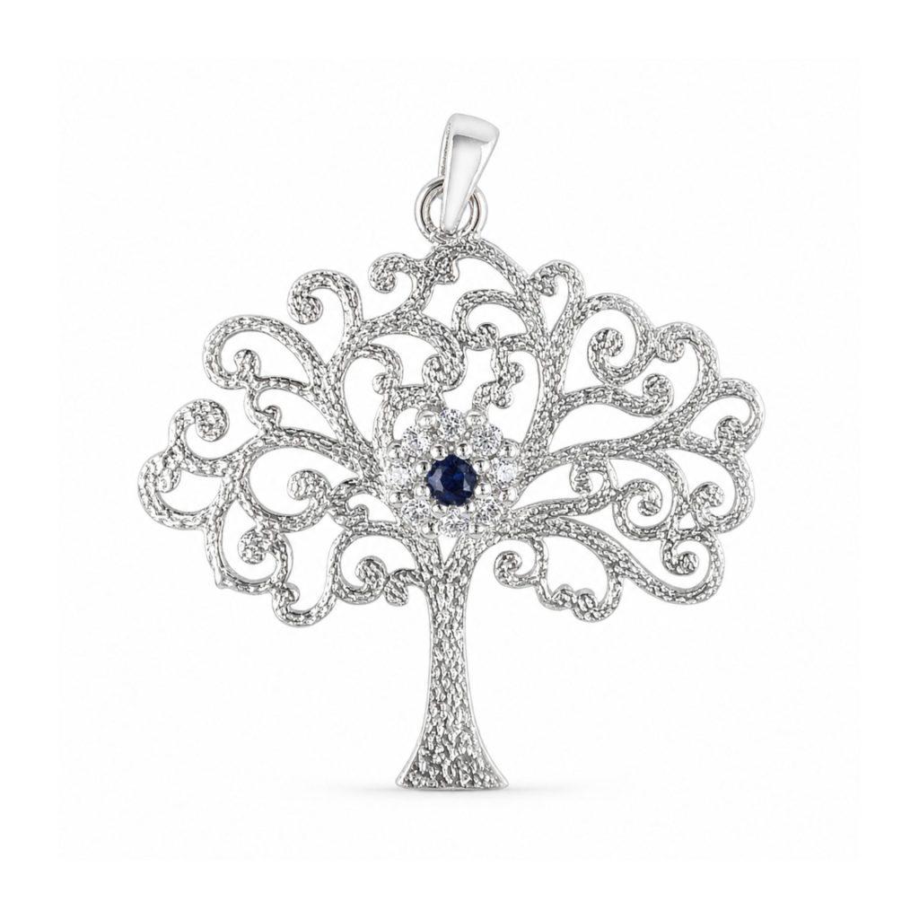 Pandantiv din Argint 925, Jolie Silver, Model Copacul Vieții, cu Pietre Albe și Albastre, Design Filigranat, Finisaj Rodiat, 2.61 g, Argintiu și Albastru