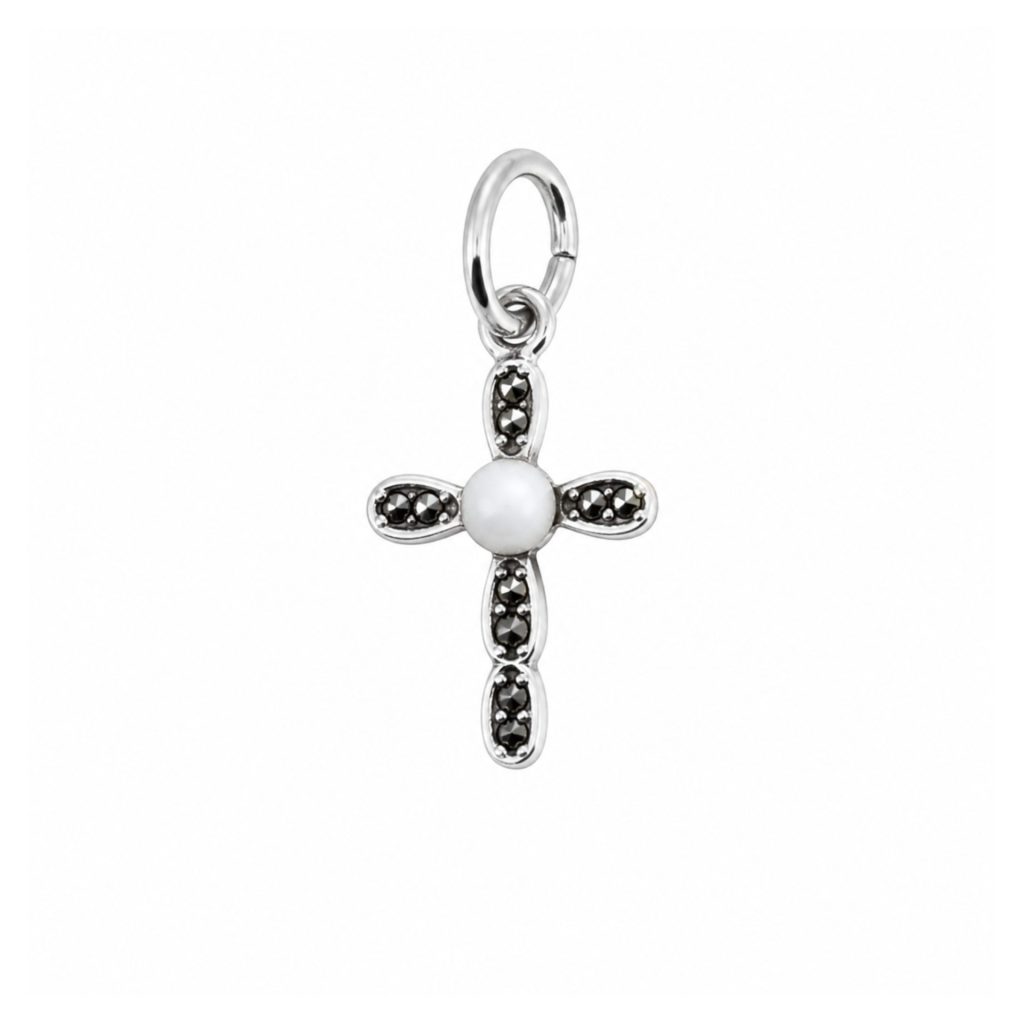 Pandantiv din Argint 925, Model Cruce, Decor cu Pietre Negre si Element Central Alb, Greutate 0.6 g, Argintiu