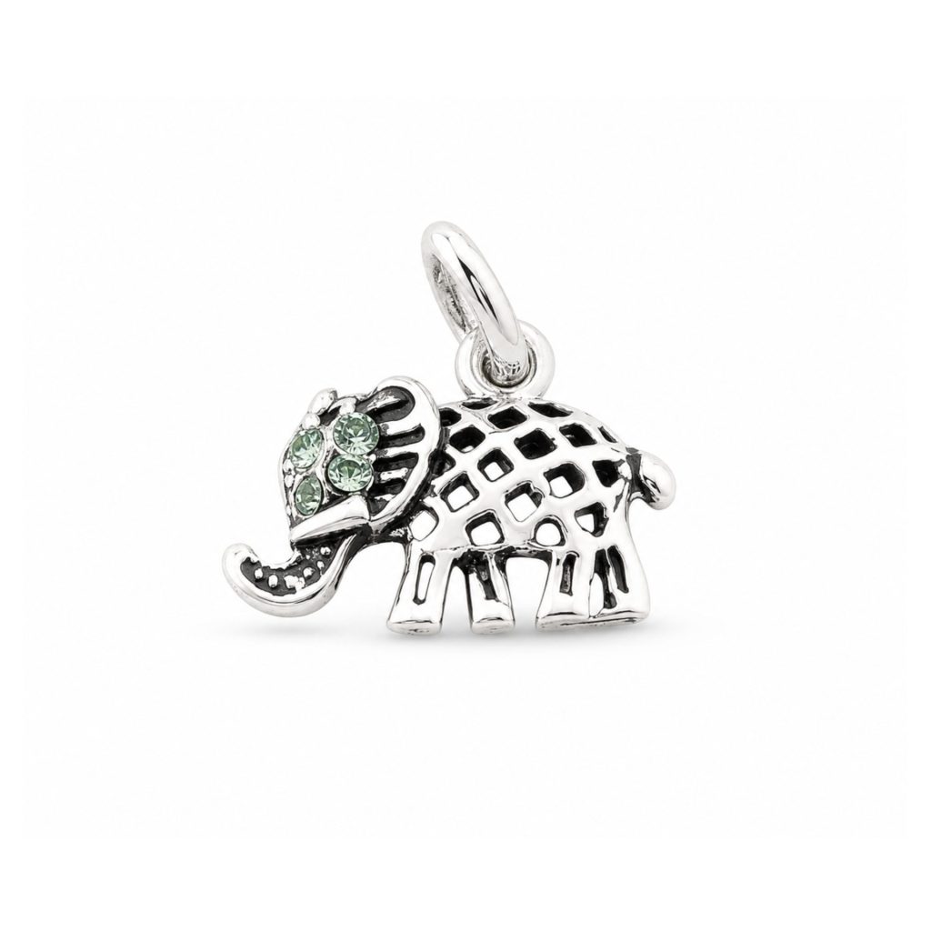 Pandantiv pentru Lanț din Argint 925, Jolie Silver, Model Elefant Norocos, cu Pietre Decorative Verzi, Design Decupat, Finisaj Lucios și Oxidat, Argintiu