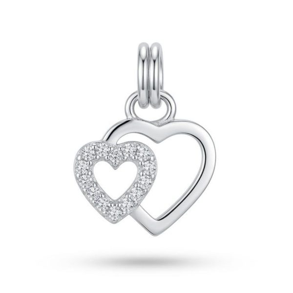 Pandantiv din Argint 925, Jolie Silver, pentru Dama, Model Doua Inimi Cu Pietre de Zirconiu Cubic, 0.7 g, 1 x 1 cm, Argintiu