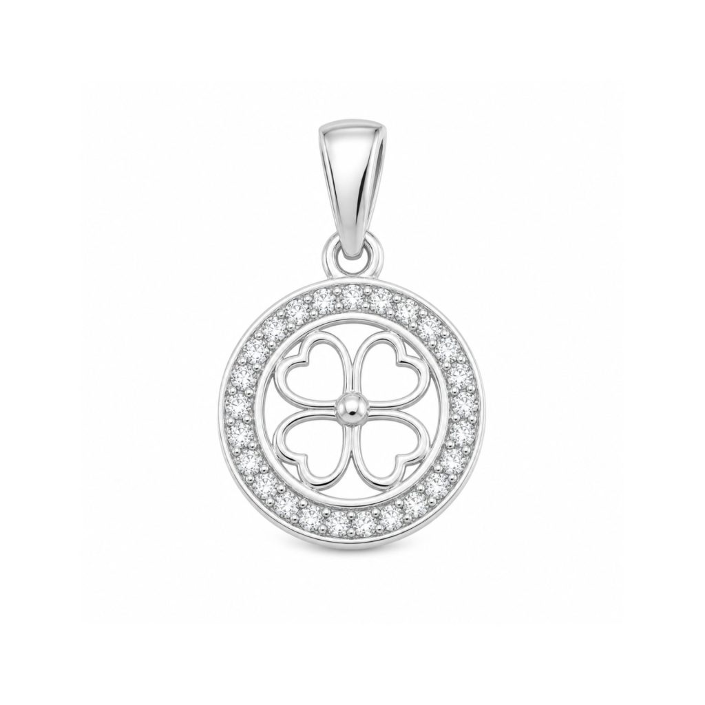 Pandantiv din Argint 925, Jolie Silver, pentru Dama, Model Trifoi cu Pietre de Zirconiu Cerc, 1 x 1 cm, 1 g, Argintiu