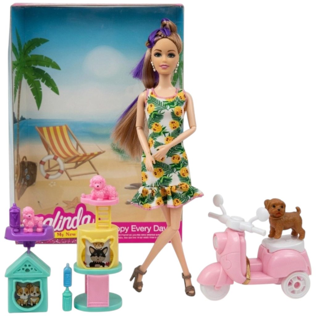 Papusa Anglinda Cu Scooter Si Accesorii Pentru Copii, Set Joaca Cu Papusa, Scuter Roz, Catelus Si Elemente Decorative, Jucarie Fashion Cu Rochie Si Accesorii Diverse, Set Interactiv Pentru Fetite 3+ Ani, Roz