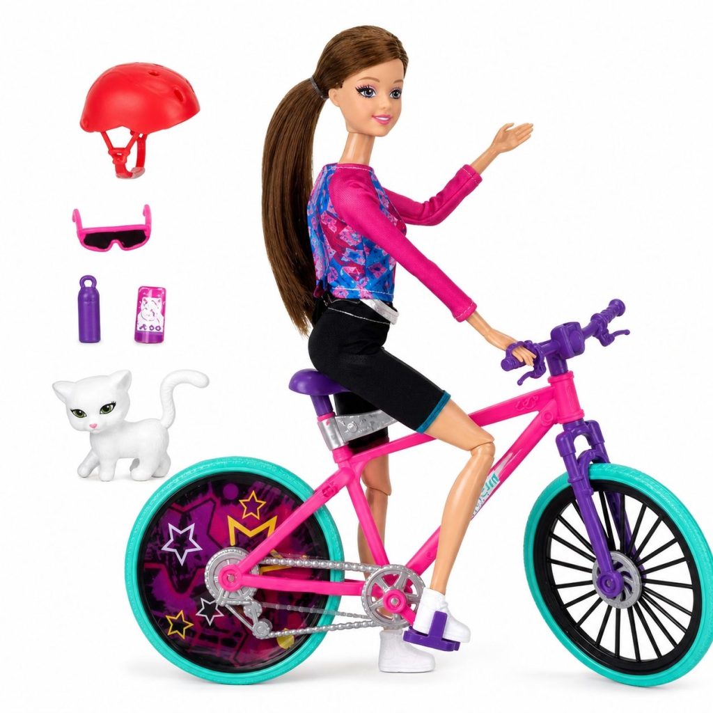 Papusa Sasha 33 cm cu Bicicleta pentru Copii, Papusa Sport cu Accesorii Ciclism Casca si Animalut, Set Jucarie Fashion cu Bicicleta  pentru Joaca si Colectie, Cadou Ideal pentru Fetite 3+ Ani, Roz