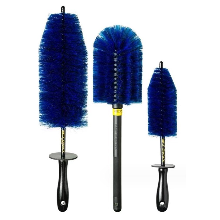 Set 3 Piese pentru Cosmetica Auto, Flippy, din Plastic si Otel, Maner Ergonomic, Perie Butuc, Anvelope, Detalii, Albastru