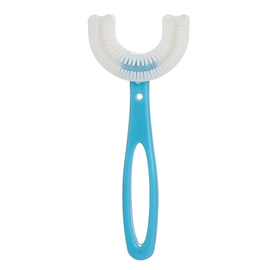 Periuta de Dinti in Forma de U, Flippy, pentru Copii 6-12 ani, Peri Moi, 12 cm, Model Inima, Culoare Albastru