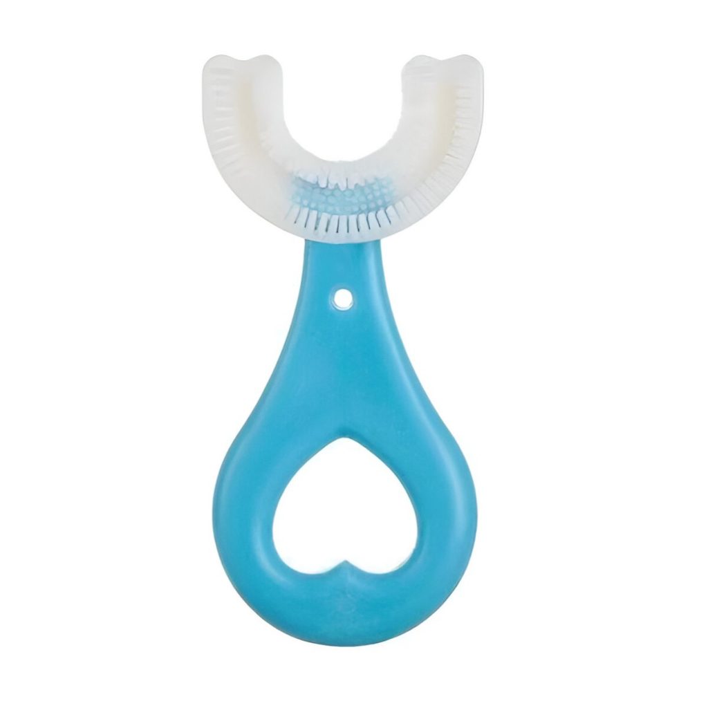 Periuta de Dinti in Forma de U, Flippy, pentru Sugari si Copii 2-6 ani, Peri Moi, 9 cm, Model Inima, Culoare Albastru