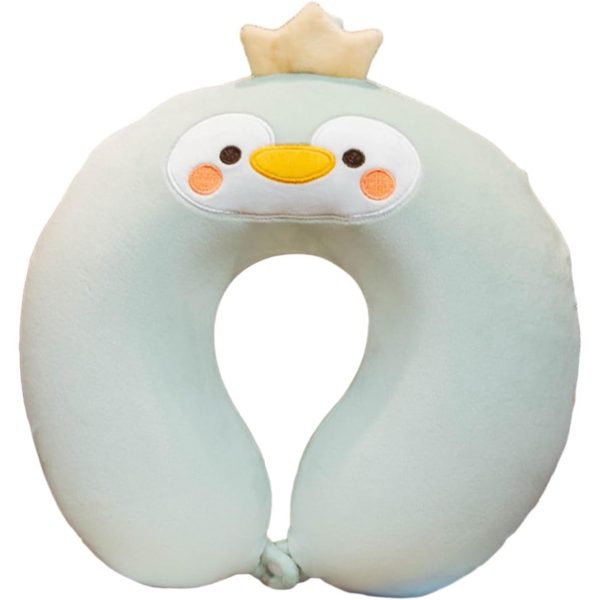 Perna de Calatorie in Forma de U, Flippy, Pentru Gat si Cap, Umplutura din Spuma cu Memorie, 30x30 cm, Model Pinguin, Accesoriu de Voiaj, Birou, Masina, Sistem Prindere Capse, Verde