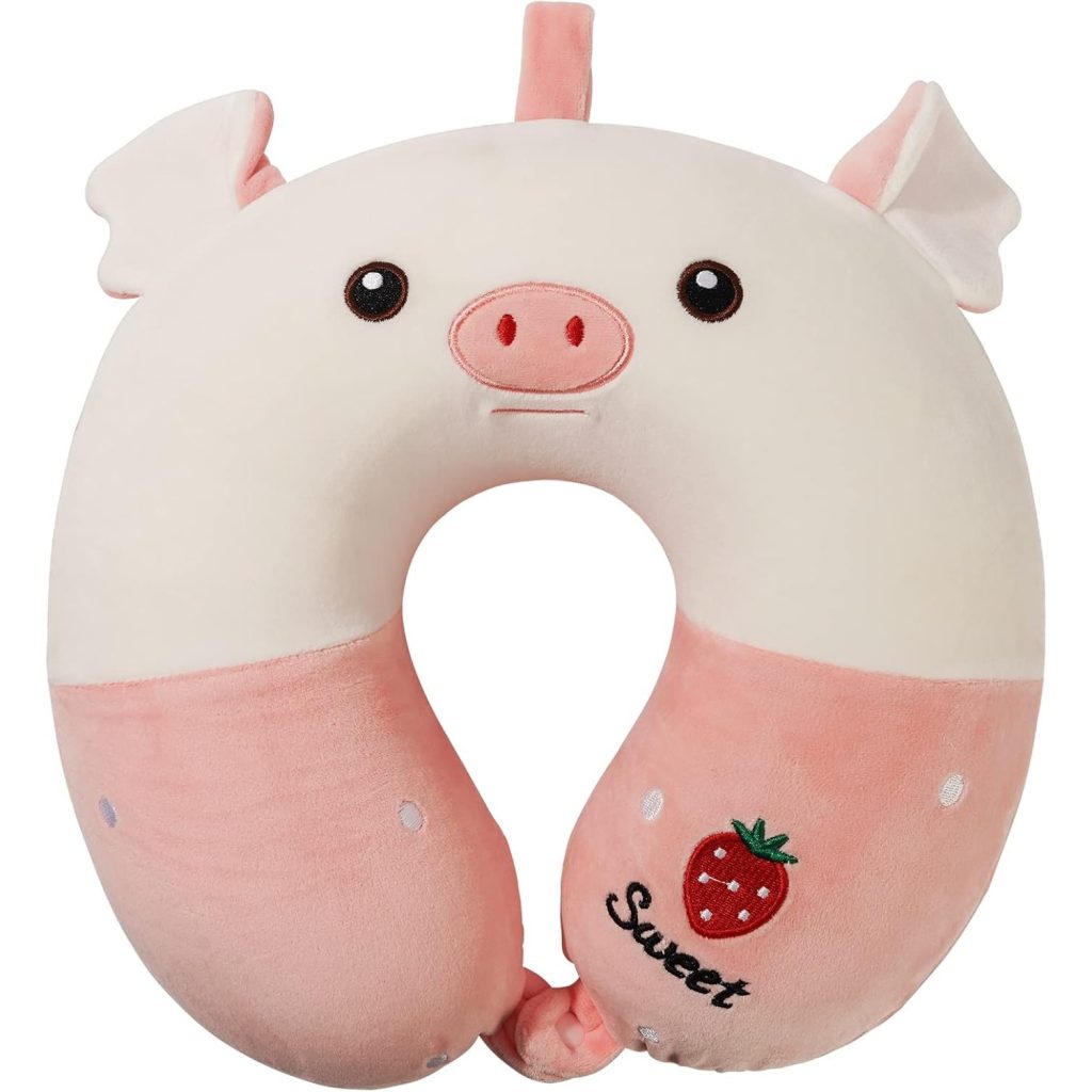 Perna de Calatorie in Forma de U, Flippy, Pentru Gat si Cap, Umplutura din Spuma cu Memorie, 30x30 cm, Model Purcelus, Accesoriu de Voiaj, Birou, Masina, Sistem Prindere Capse, Alb-Roz