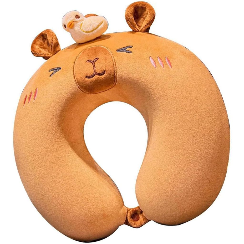 Perna de Calatorie in Forma de U, Flippy, Pentru Gat si Cap, Umplutura din Spuma cu Memorie, 30x30 cm, Model Capybara, Accesoriu de Voiaj, Birou, Masina, Sistem Prindere Capse, Maro