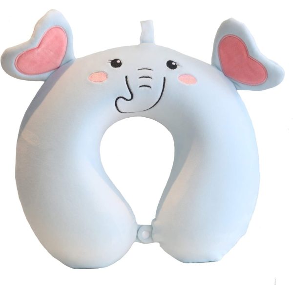 Perna de Calatorie in Forma de U, Flippy, Pentru Gat si Cap, Umplutura din Spuma cu Memorie, 30x30 cm, Model Elefant, Accesoriu de Voiaj, Birou, Masina, Sistem Prindere Capse, Albastru