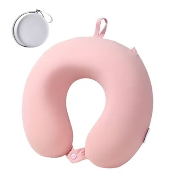 Perna de Calatorie in Forma de U, Flippy, Pentru Gat si Cap, Umplutura din Spuma cu Memorie, 30x30 cm, Sistem Prindere Capse, Cutie de Depozitare, Roz