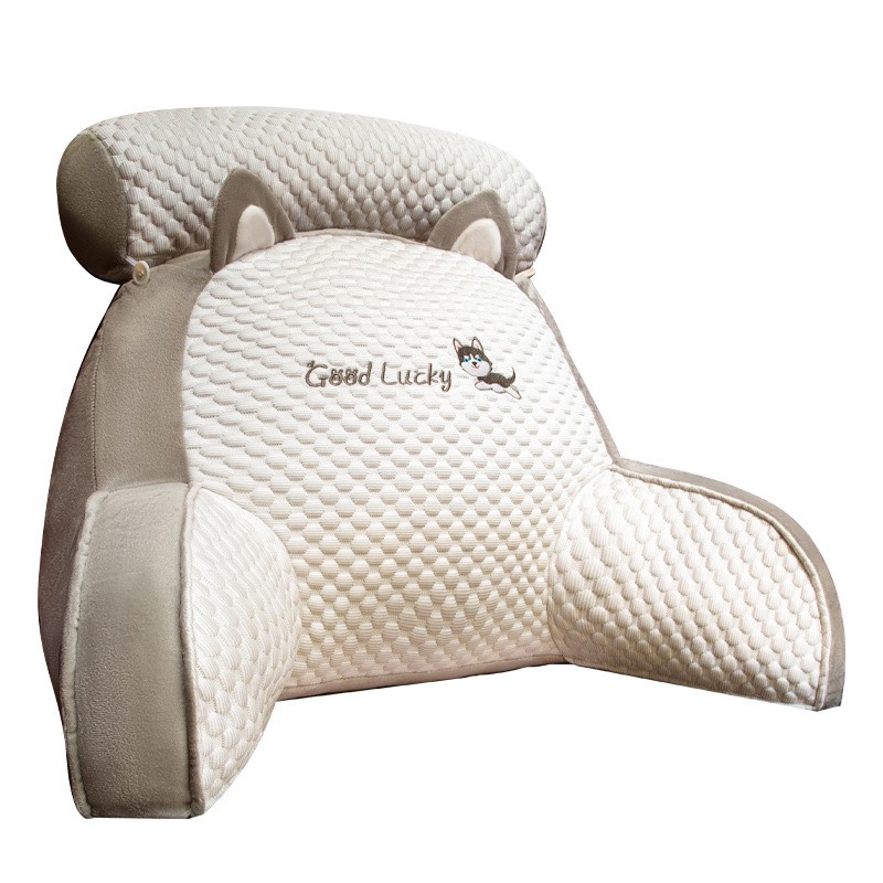 Pernă Multifuncțională pentru Pat, Flippy, cu Spătar și Suport Lombar, Tetiere și Cotiere Laterale, din Pluș, Model Pisicuță, Mărime Medie, 60x40 cm, Gri