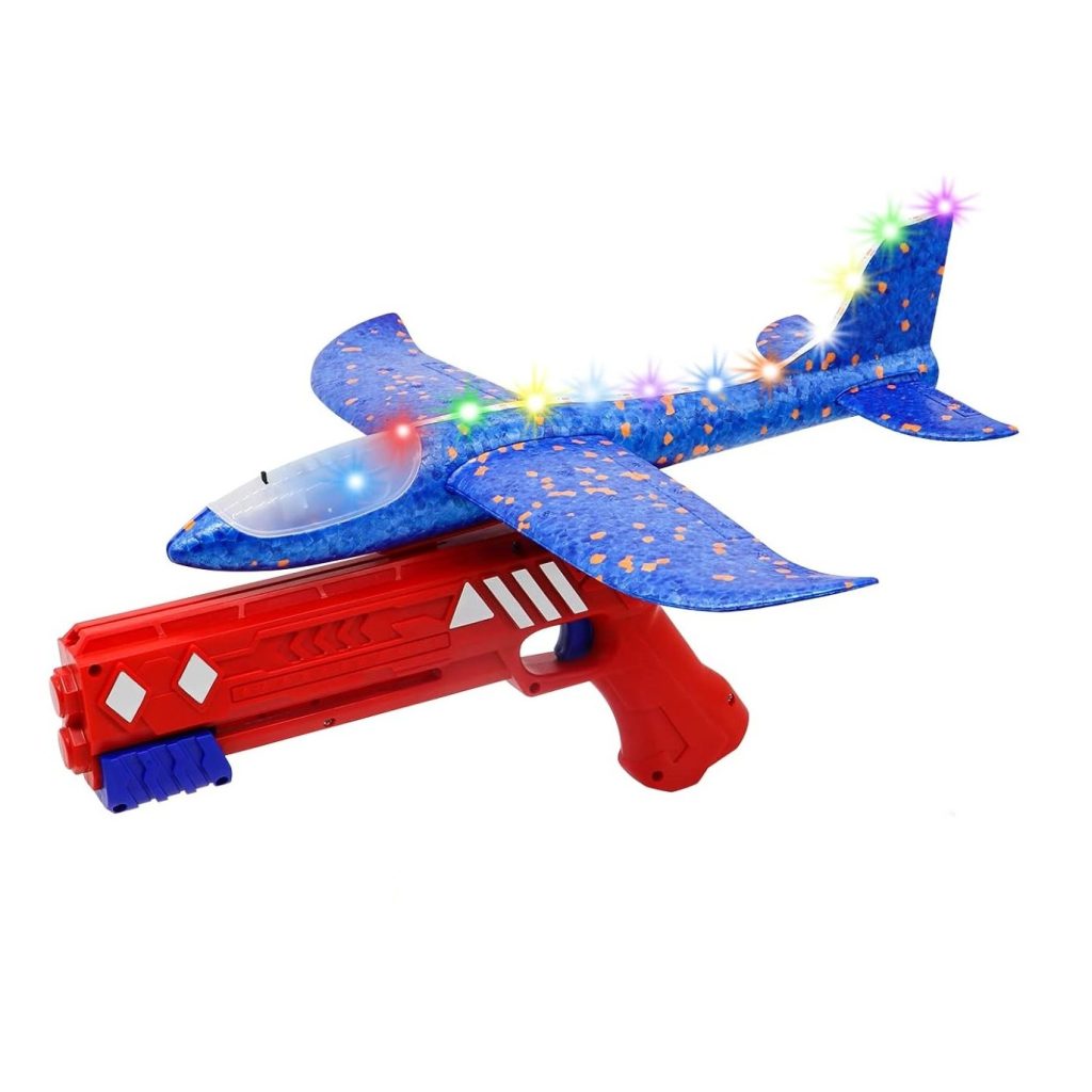 Pistol cu Lansator de Avion, Flippy, din Polistiren+Plastic, +3 Ani, Avion 38 cm, Lansare 10 m, cu Lumini si Roti, Rosu/Albastru