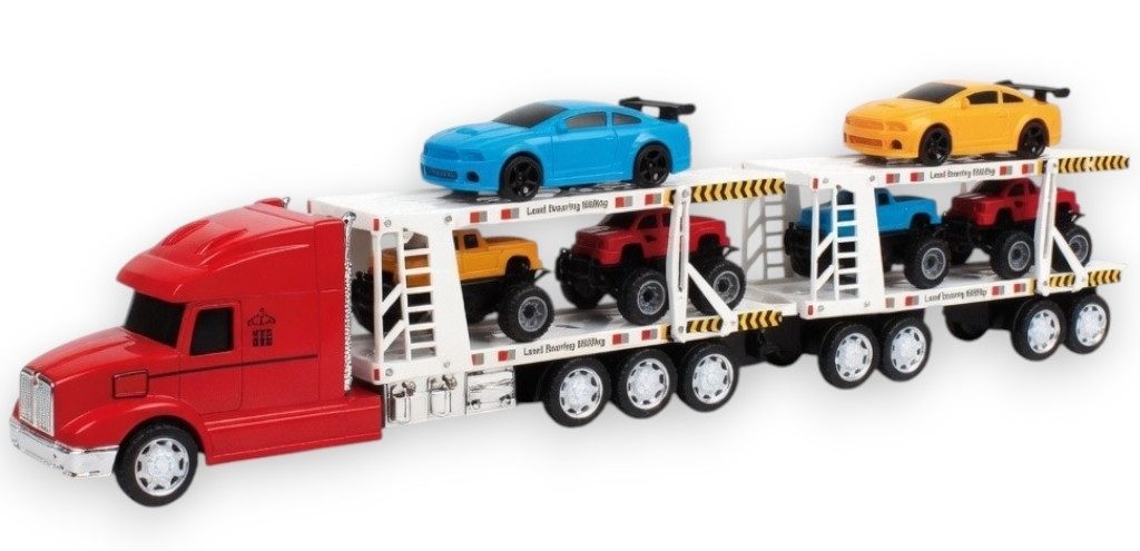 Platforma Cu Masini De Curse, Cu Frictiune, Lumini Si Sunete, Jucarie Interactiva Trailer Transport, Camion Cu 6 Masinute De Curse Incluse, Tir Cu Platforma Auto, Efecte Luminoase Si Sonore, Pentru Copii 3+ Ani, Multicolor