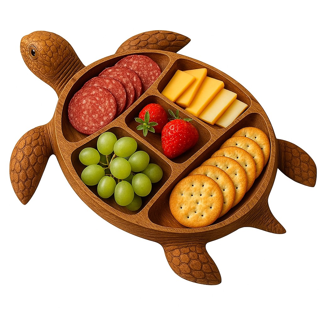 Platou pentru Servire, Flippy, in Forma de Broasca Testoasa, 3 Compartimente pentru Mezeluri, Branzeturi, Snacksuri, Fructe, Design Artistic, din Lemn Masiv, 24 x 24 x 3 cm, Maro