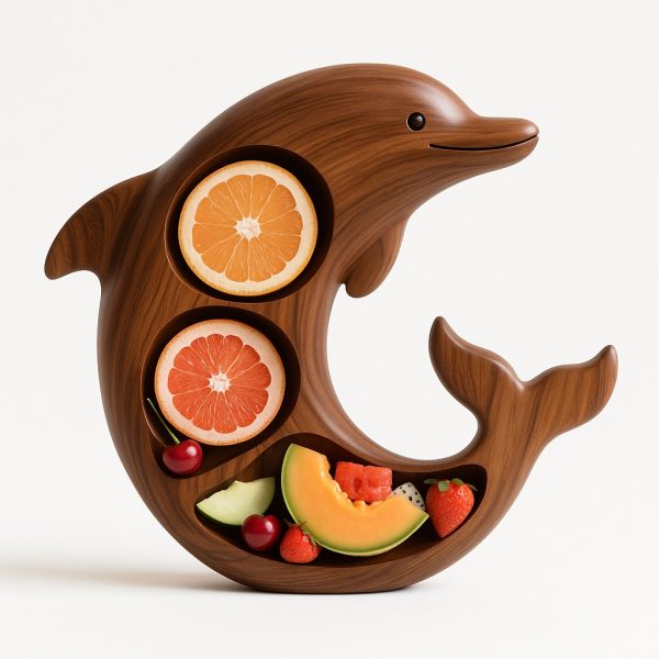 Platou pentru Servire, Flippy, in Forma de Delfin, 3 Compartimente pentru Mezeluri, Branzeturi, Snacksuri, Fructe, Design Artistic, din Lemn Masiv, 26 x 25 x 4 cm, Maro Natur