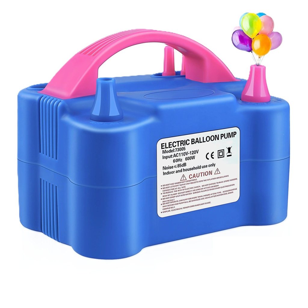Pompa Electrica Pentru Umflat Baloane, 600 W, Doua Capete de Umflat, din Plastic, 19.5 x 14 x 13 cm, Albastru/Roz