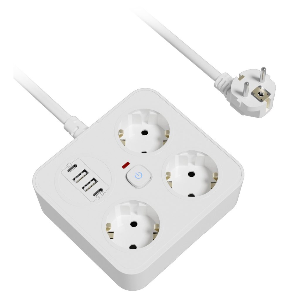Prelungitor Multifunctional pentru Birou, Flippy, 3 Prize, 2 USB-A, 2 TYPE-C, Suport pentru Telefon, 3250W, Lungime Cablu 2 m, 11.4 x 12.4 cm, Alb