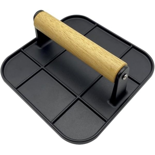Presa Manuala pentru Carne, Flippy, din Aliaj de Aluminiu, Maner din Lemn, Presa pentru Burgeri, Usor de Curatat si Folosit, Patrata, 16x16x6 cm, Neagra