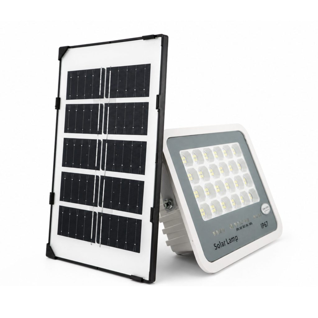 Proiector LED cu Panou Solar Flippy, Senzor de lumina, Waterproof, 96 LED-uri incorporate, 30W, 17x13 cm, IP67, Design Modern,Alb